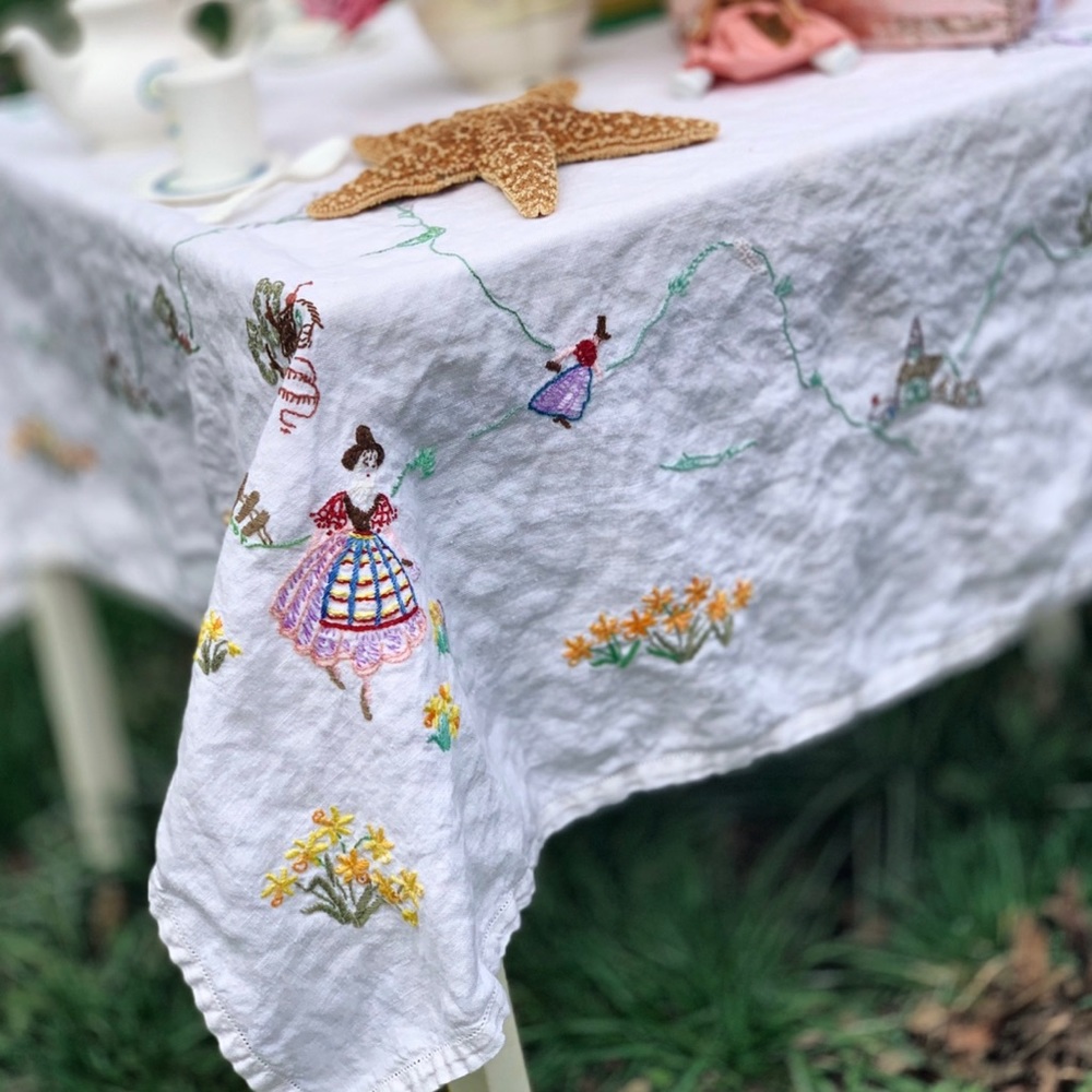Child’s embroidered tablecloth/ cottagecor 41”x 40
